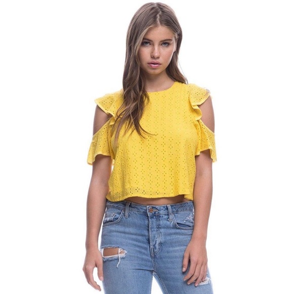 Eyelet Cold Shoulder Endless Rose Yellow Top - Picture 2 of 3